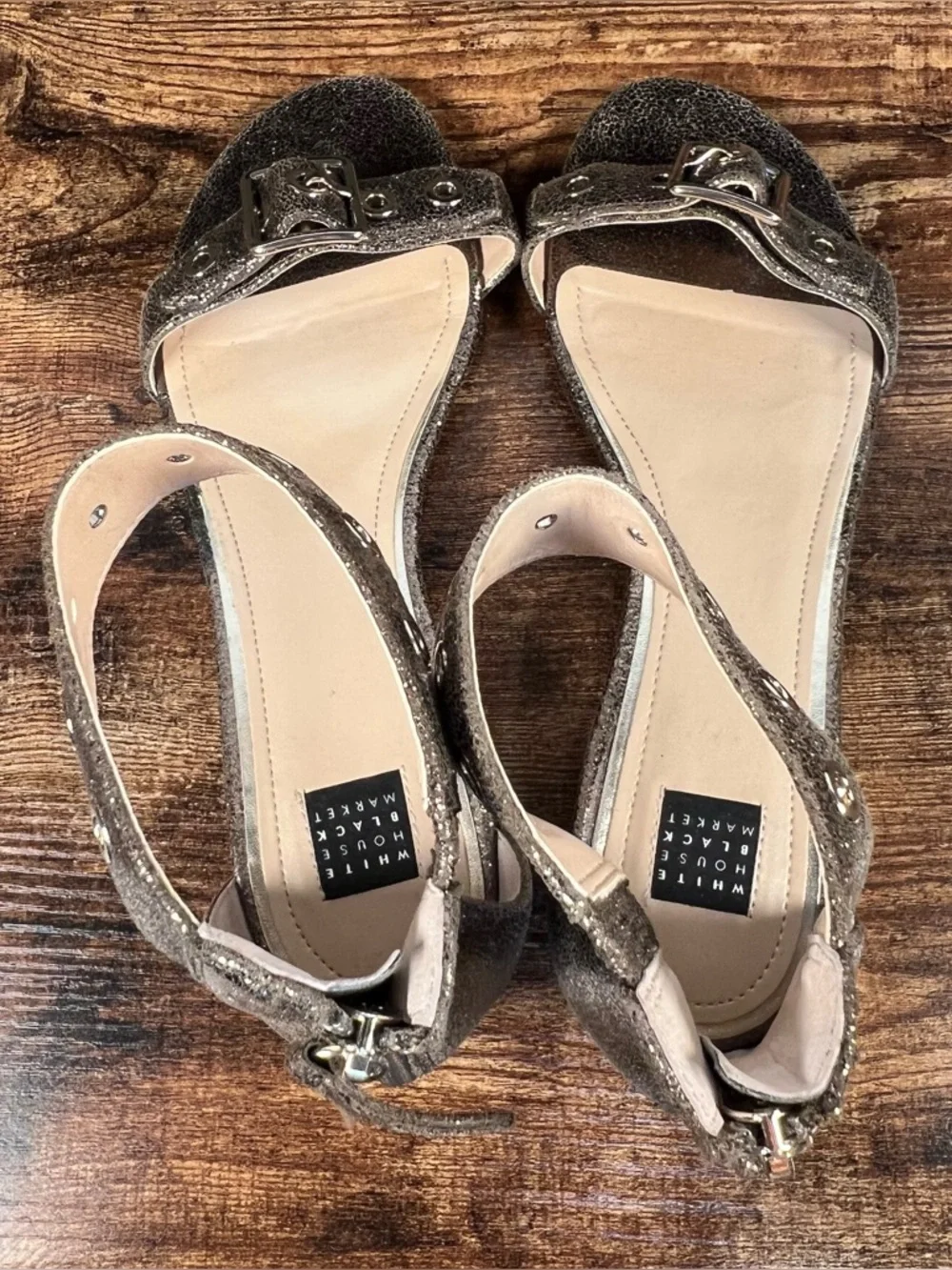 WHBM Cora Sandal Metallic Gold Ankle Strap Open Toe Buckle Dressy women's 7.5